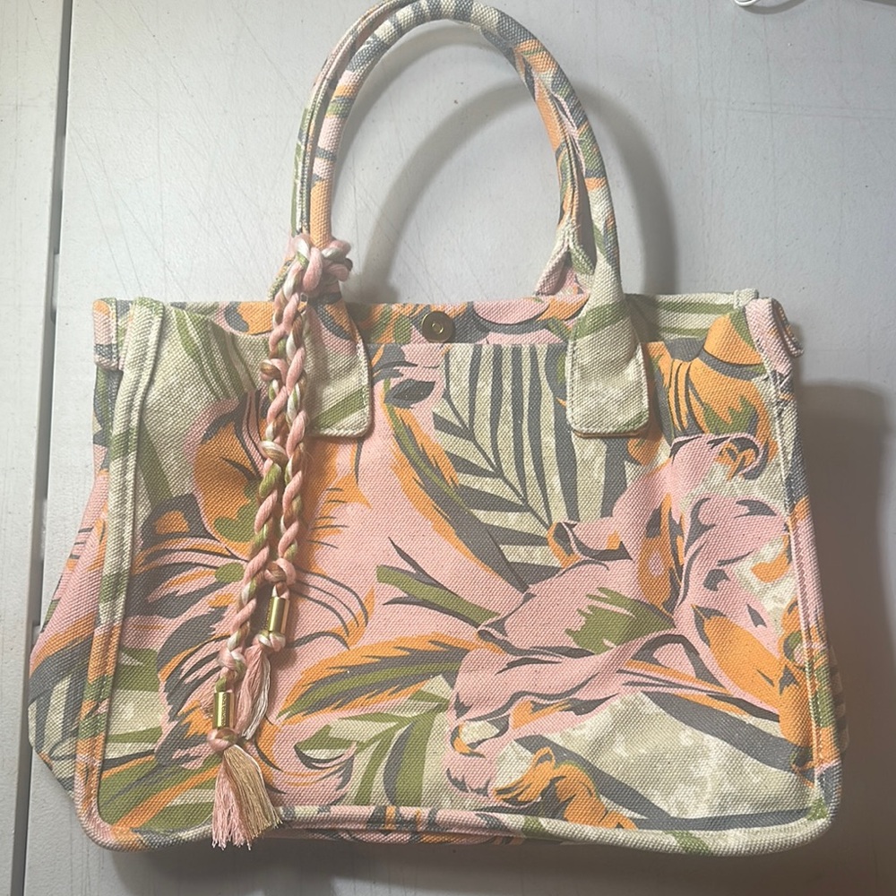 Vince Camuto Floral Canvas Tote Bag - Pink and Green